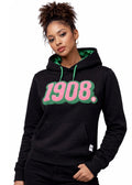Alpha Kappa Alpha - Colored 1908 Chenille Black Hoodie w/Rhinestone ( w/ Green Satin Lined Hood & Thumb Holes)