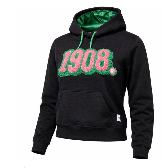 Alpha Kappa Alpha - Colored 1908 Chenille Black Hoodie w/Rhinestone ( w/ Green Satin Lined Hood & Thumb Holes)