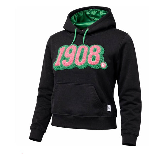 Alpha Kappa Alpha - Colored 1908 Chenille Black Hoodie w/Rhinestone ( w/ Green Satin Lined Hood & Thumb Holes)