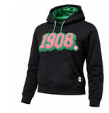 Alpha Kappa Alpha -  Colored 1908 Chenille Black Hoodie  w/Rhinestone ( w/ Green Satin Lined Hood & Thumb Holes)