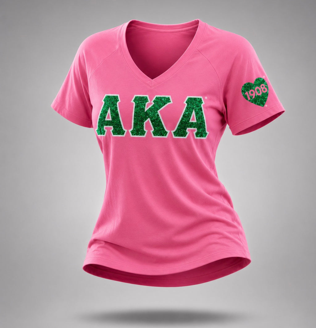Alpha Kappa Alpha- Glitter V-Neck Tee (Pink)