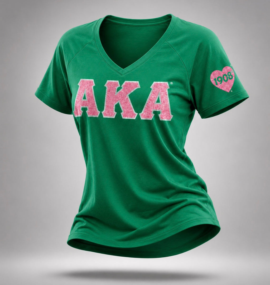 Alpha Kappa Alpha- Glitter V-Neck Tee (Green)