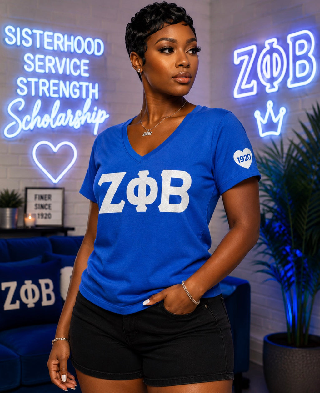 Zeta Phi Beta - Glitter V-Neck Tee (Blue)