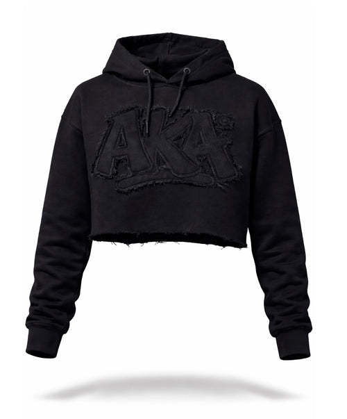 Alpha Kappa Alpha -Distressed Crop Stealth Hoodie ( w/Satin Lined Hood & Thumb Holes)