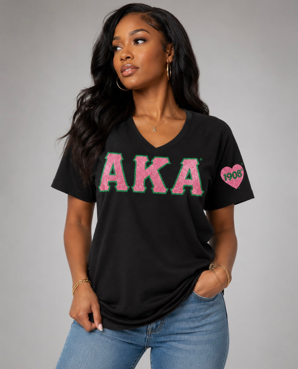 Alpha Kappa Alpha- Glitter V-Neck Tee (Black)