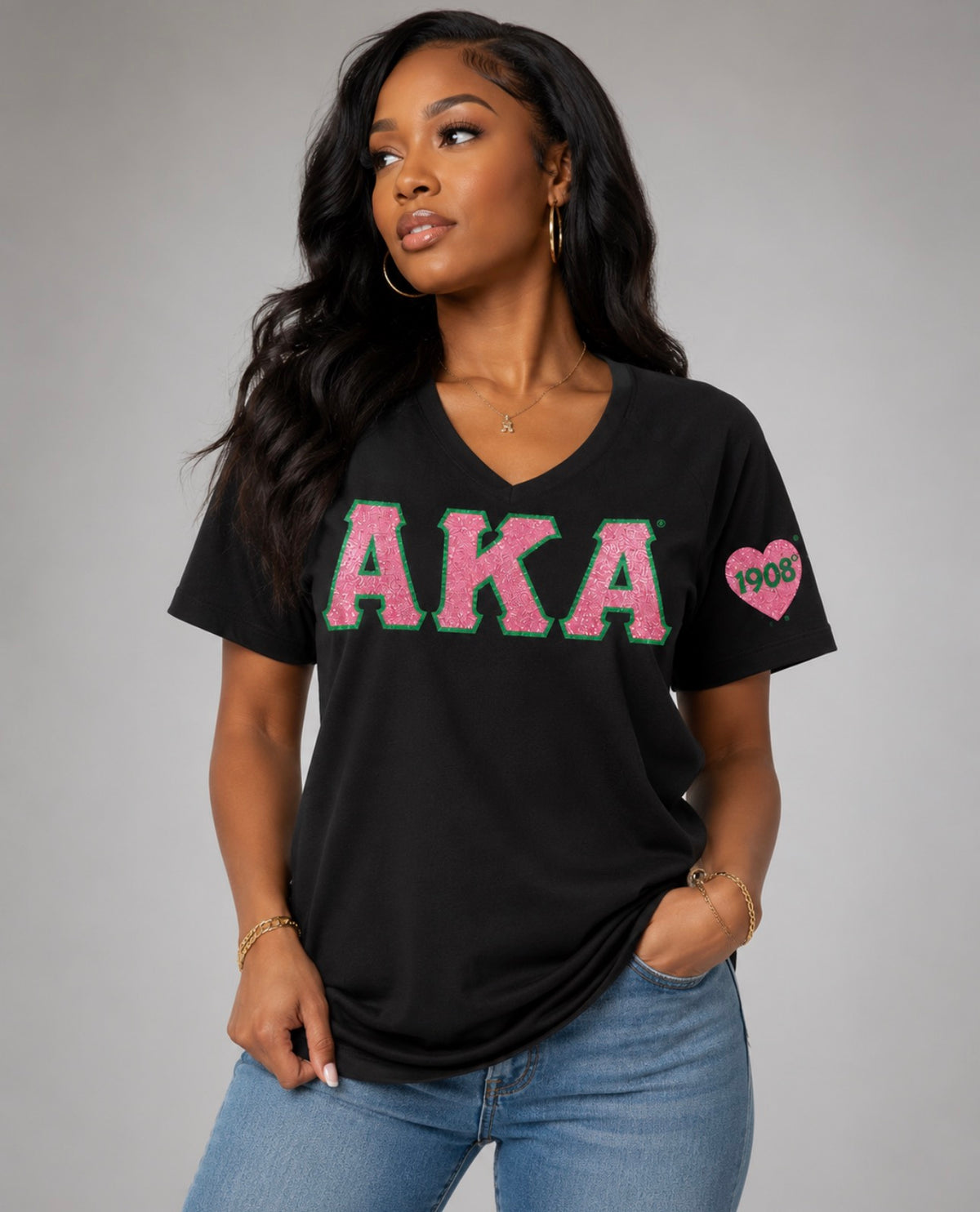 Alpha Kappa Alpha- Glitter V-Neck Tee (Black)