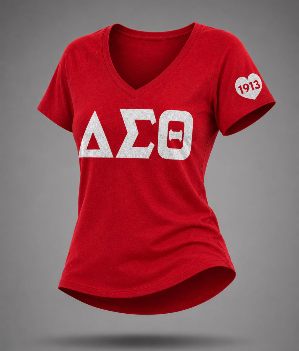 Delta Sigma Theta - Glitter V-Neck Tee (Red)
