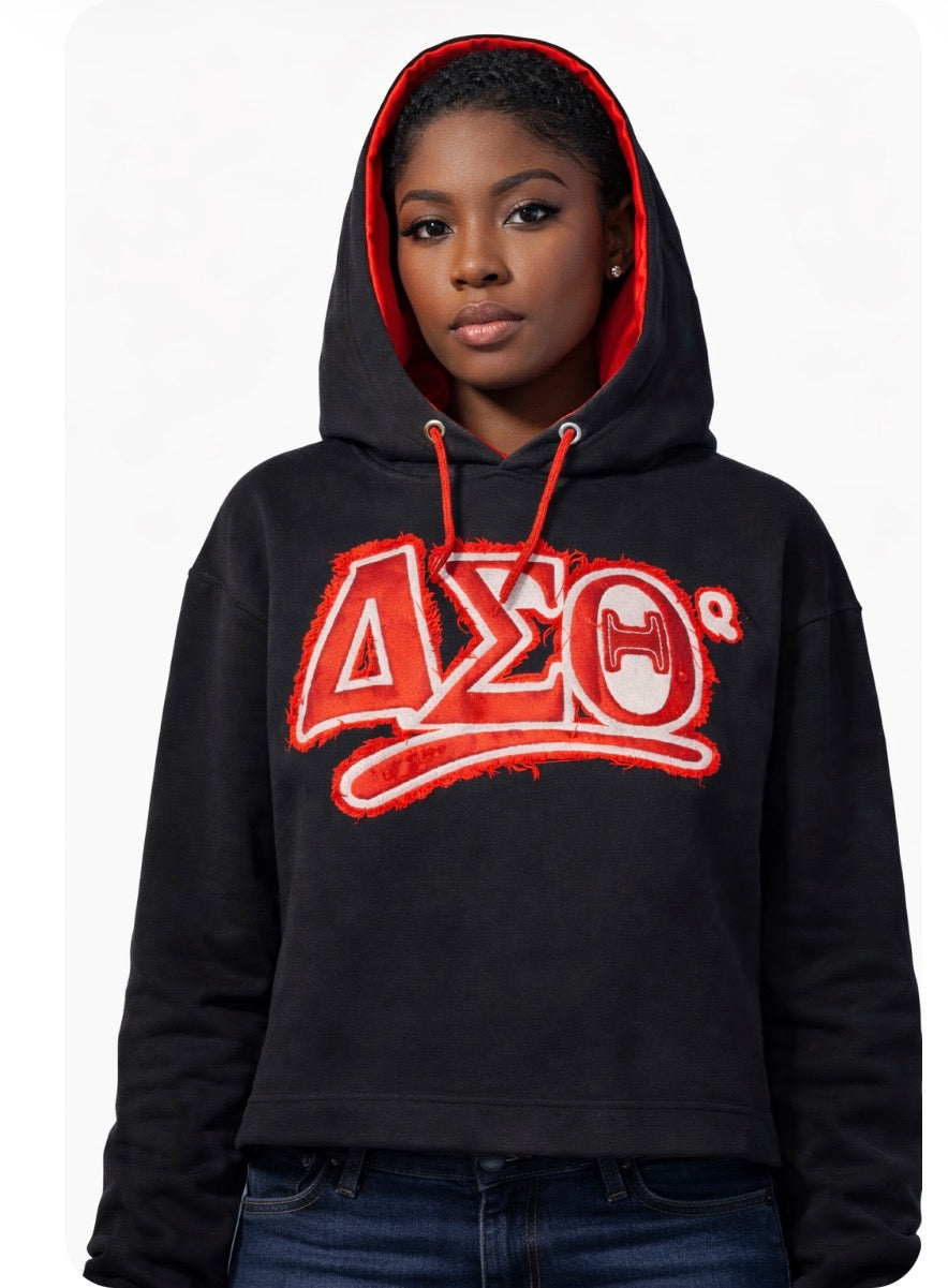 Delta Sigma Theta -Distressed Crop Hoodie ( w/Satin Lined Hood & Thumb Holes)