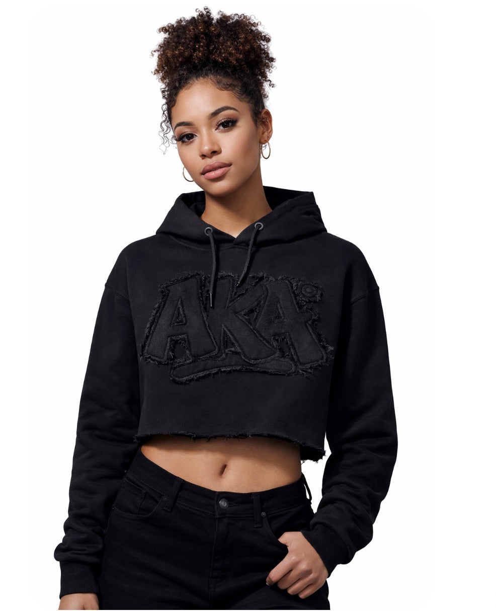 Alpha Kappa Alpha -Distressed Crop Stealth Hoodie ( w/Satin Lined Hood & Thumb Holes)