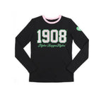 Alpha Kappa Alpha - 1908 Long Sleeve Tee w/ Heart(Black)