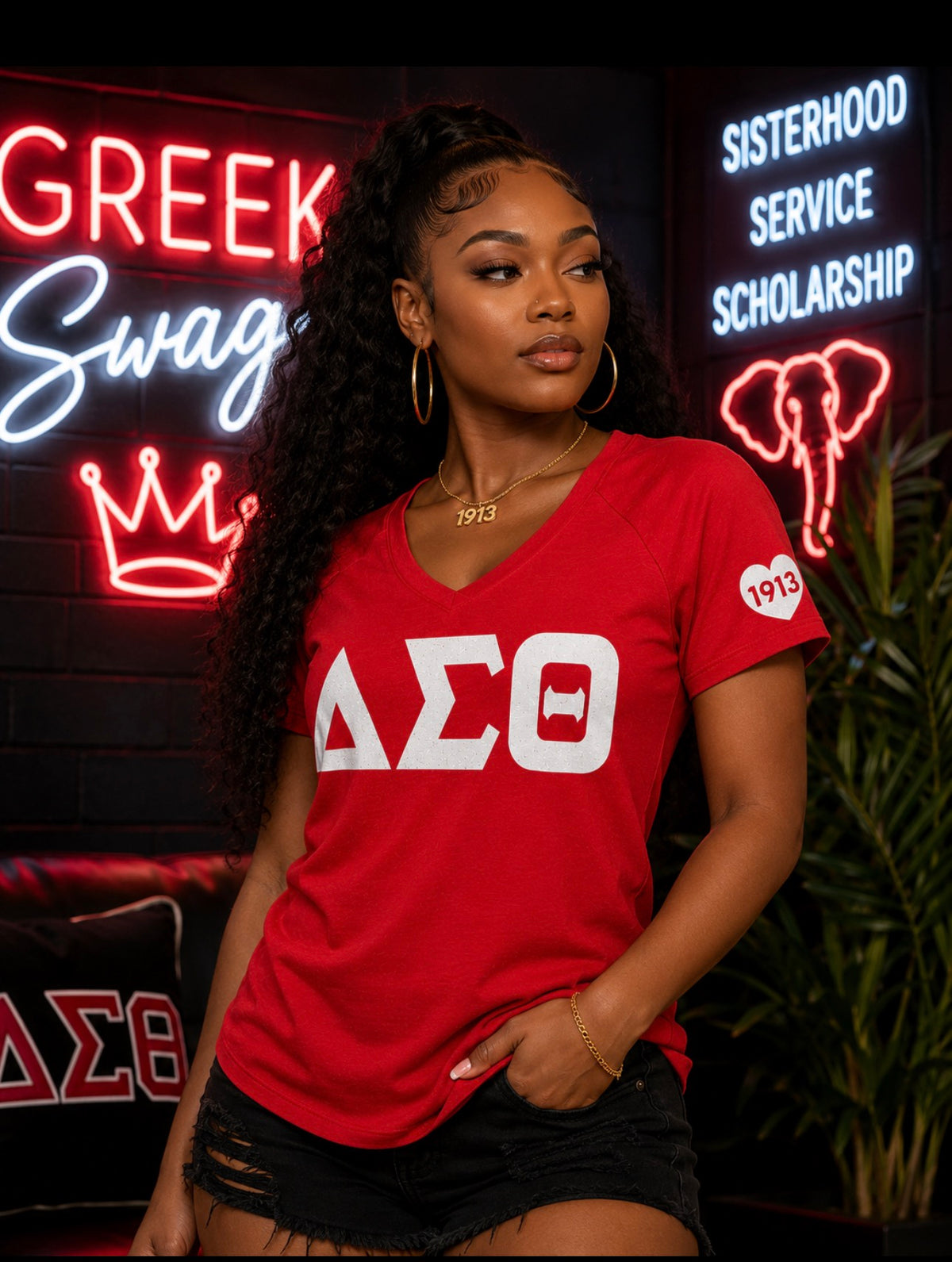 Delta Sigma Theta - Glitter V-Neck Tee (Red)