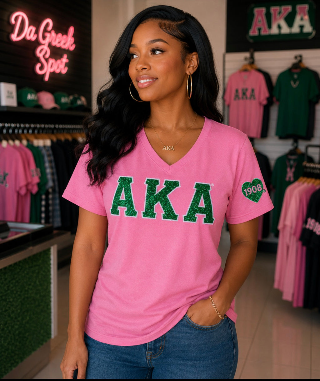 Alpha Kappa Alpha- Glitter V-Neck Tee (Pink)