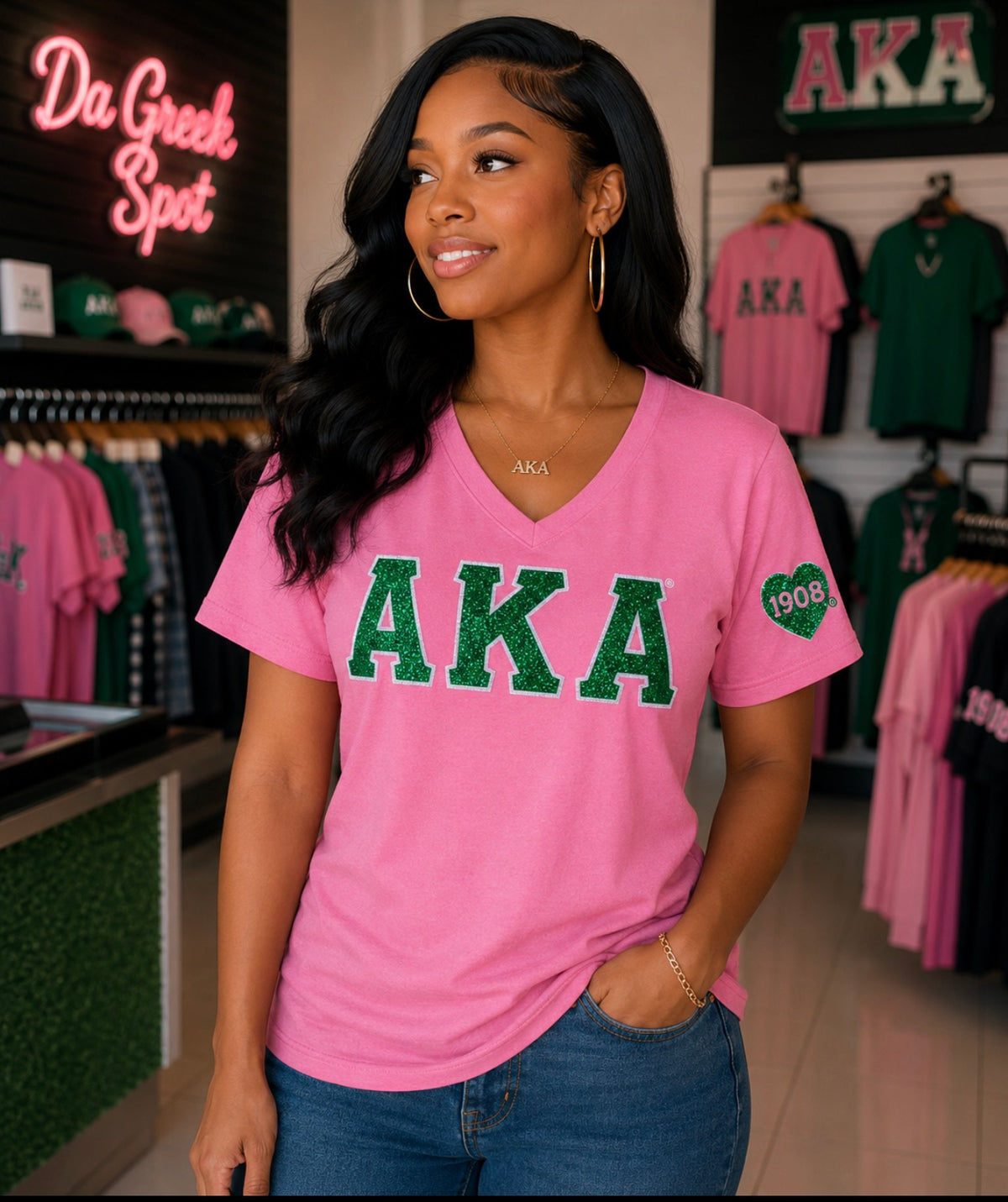 Alpha Kappa Alpha- Glitter V-Neck Tee (Pink)