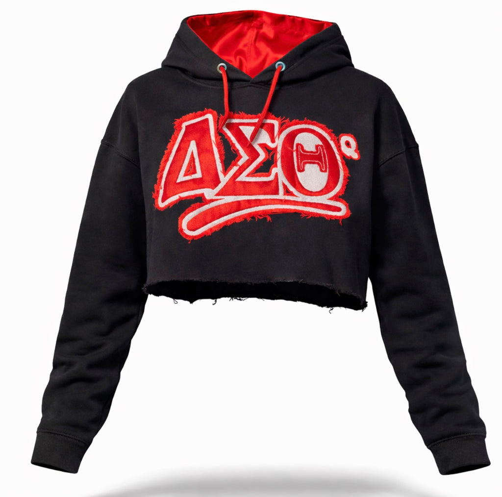 Delta Sigma Theta -Distressed Crop Hoodie ( w/Satin Lined Hood & Thumb Holes)