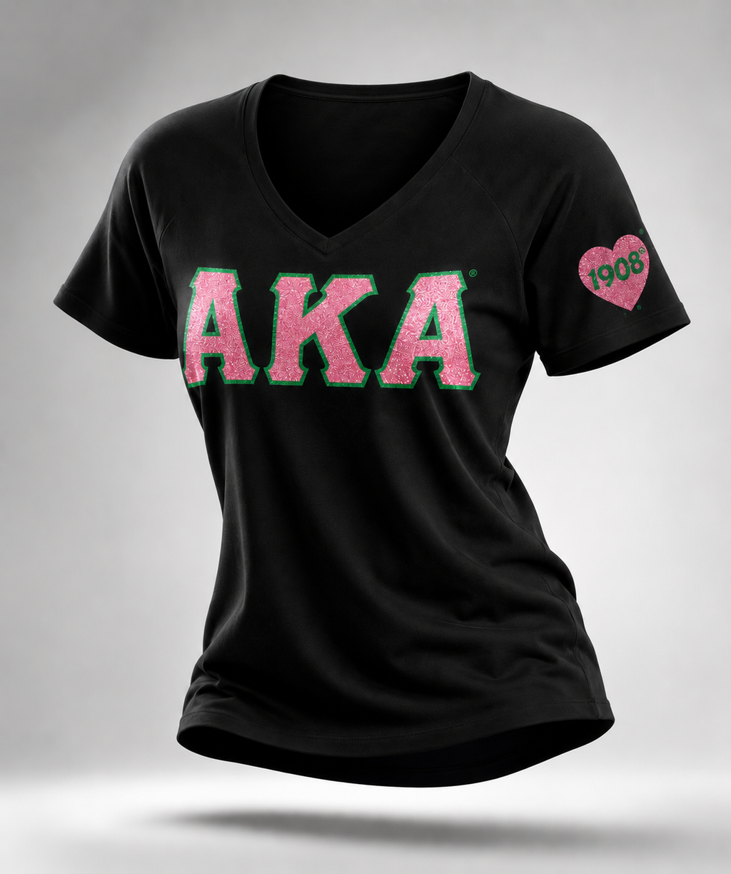 Alpha Kappa Alpha- Glitter V-Neck Tee (Black)