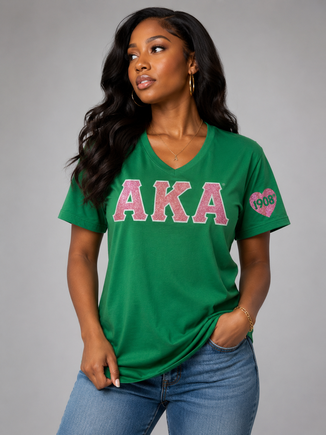 Alpha Kappa Alpha- Glitter V-Neck Tee (Green)