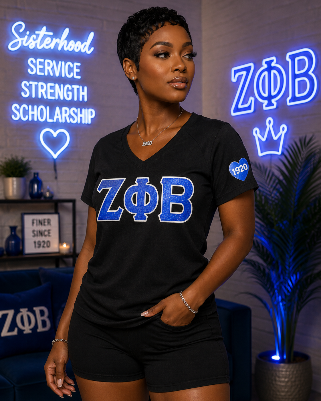 Zeta Phi Beta - Glitter V-Neck Tee (Black)