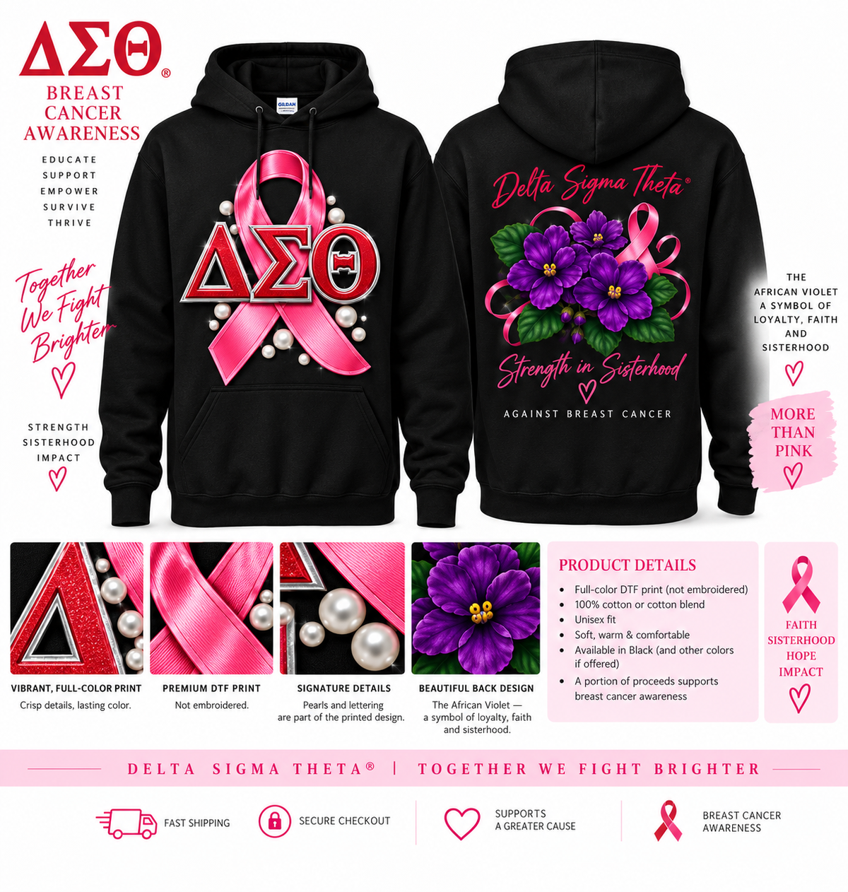 Delta Sigma Theta breast cancer awareness hoodie front and back with African violet design