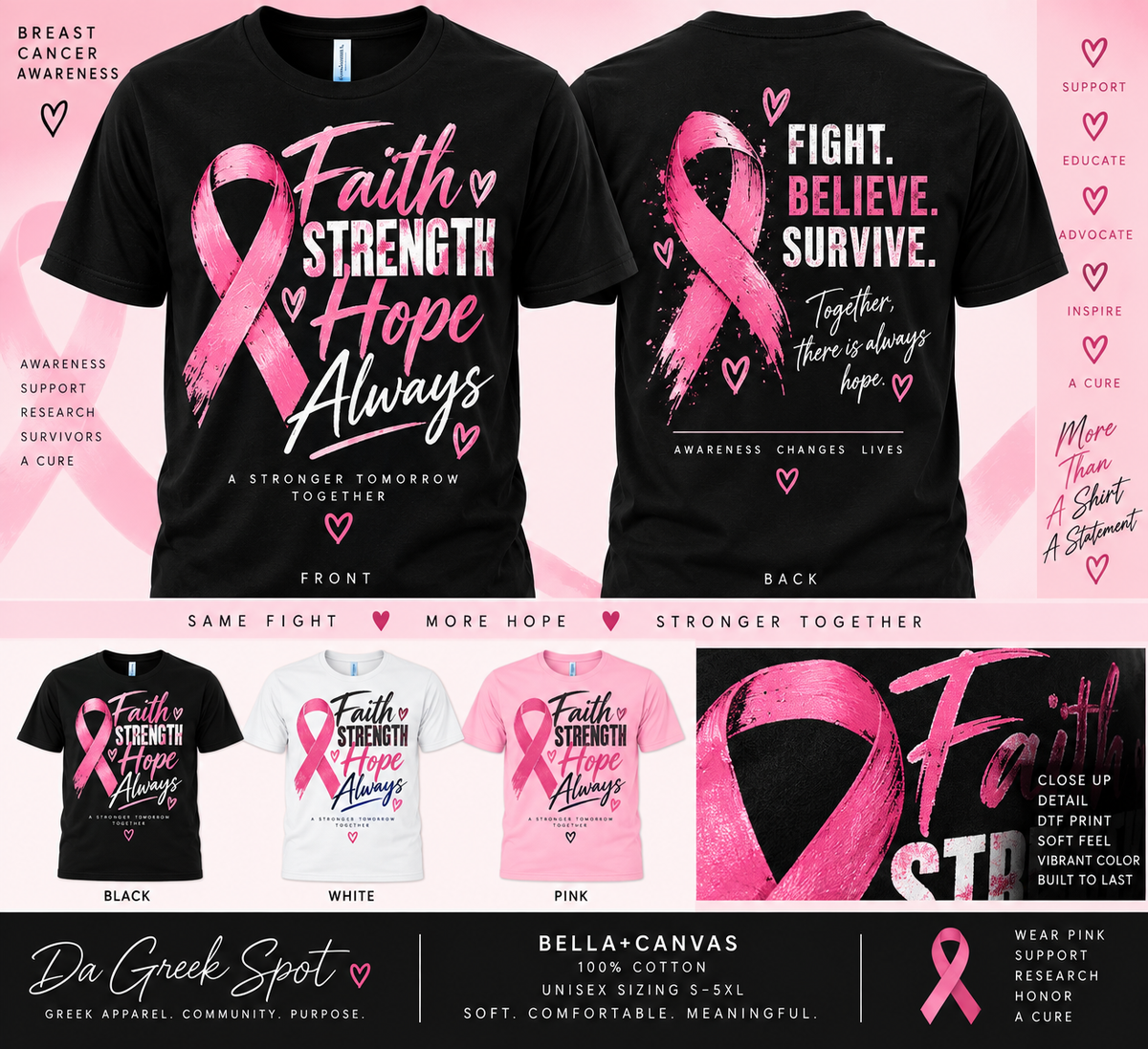 Faith Strength Hope Always Breast Cancer Awareness tee redesigned front and back