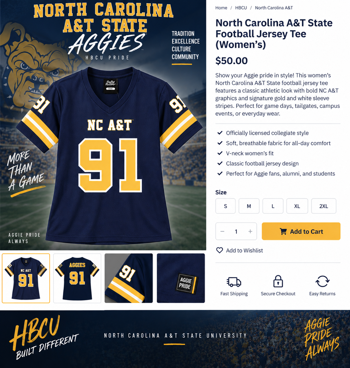 North Carolina A&T State women's navy and gold football jersey tee