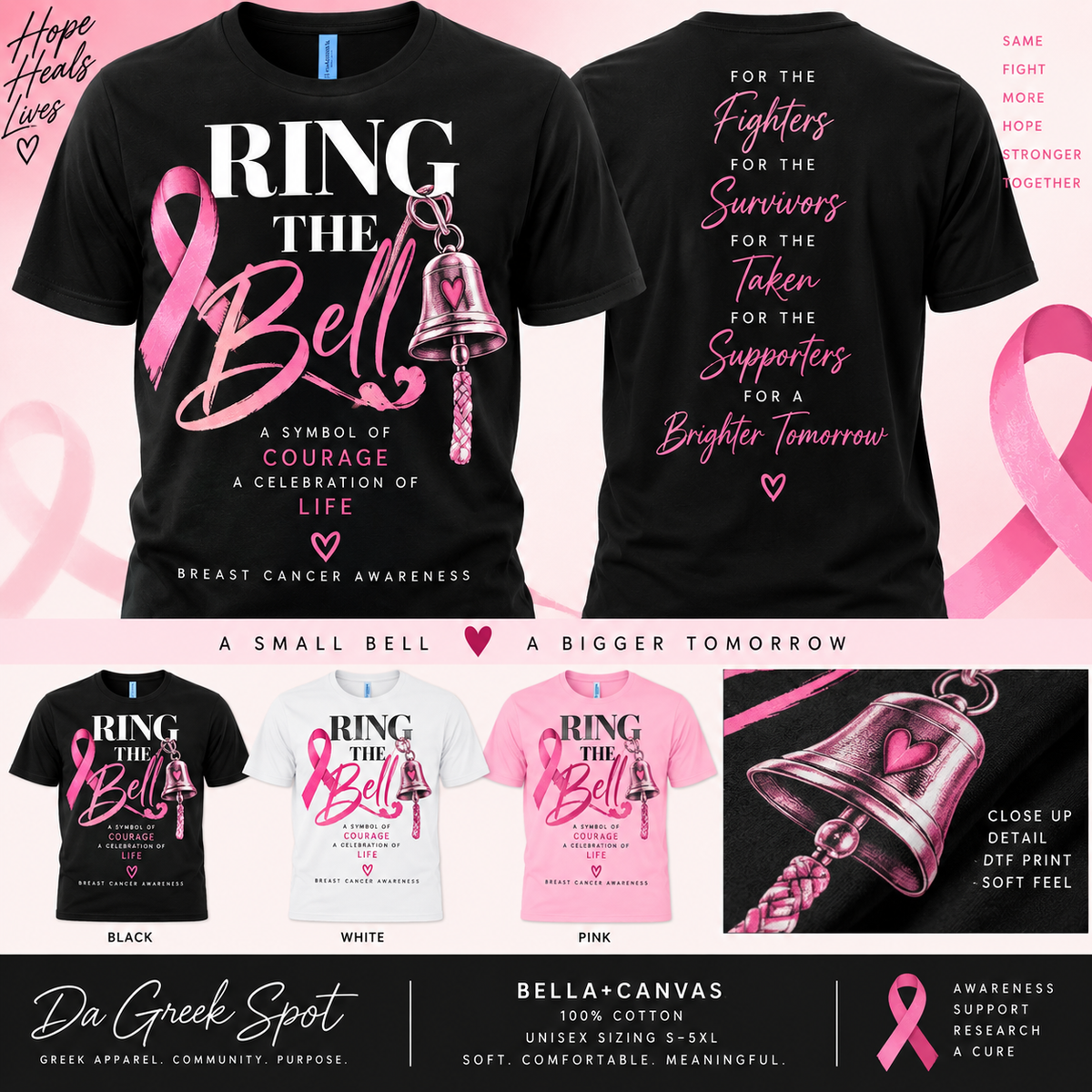 Ring the Bell Breast Cancer Awareness tee in black, white and pink