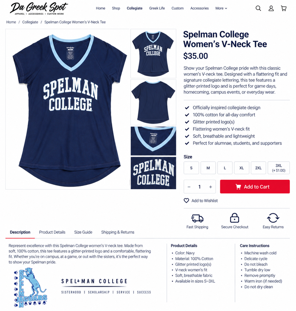 Spelman College women's navy V-neck tee