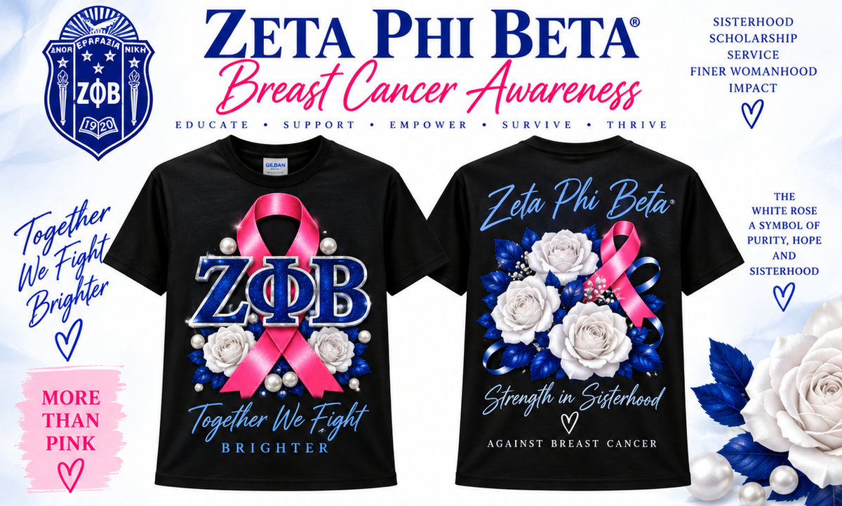 Zeta Phi Beta breast cancer awareness front and back printed T-shirt with white roses