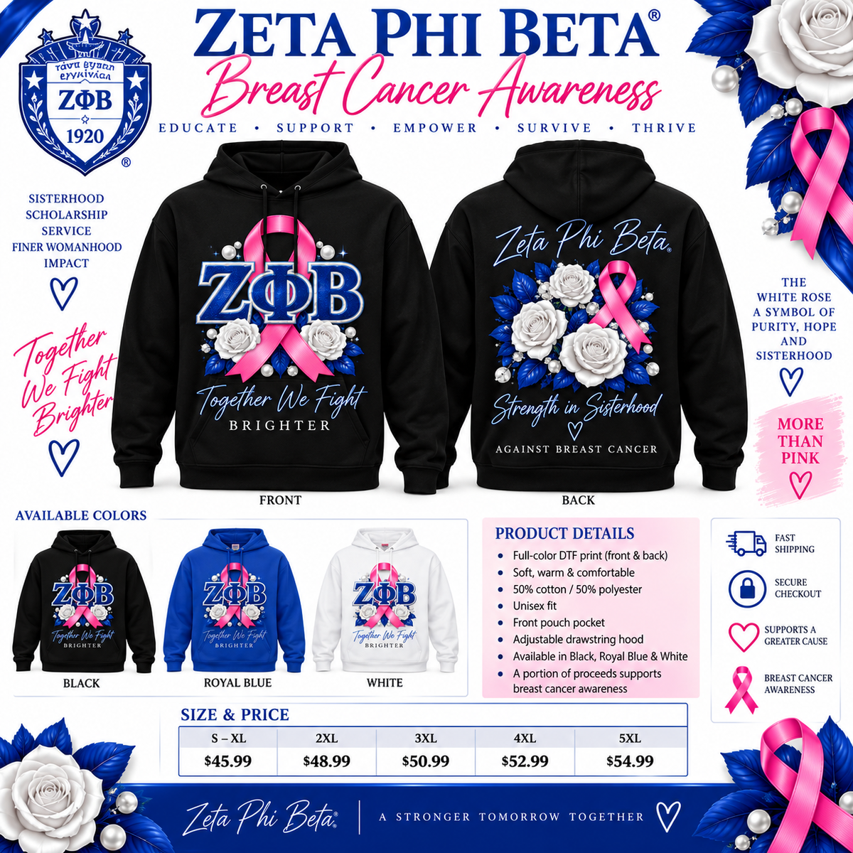 Zeta Phi Beta breast cancer awareness front and back hoodie in black, royal blue, and white