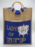 Sigma Gamma Rho - Pocket Jute Bag with Lady of Signature. 14" w x 18" h x 5"