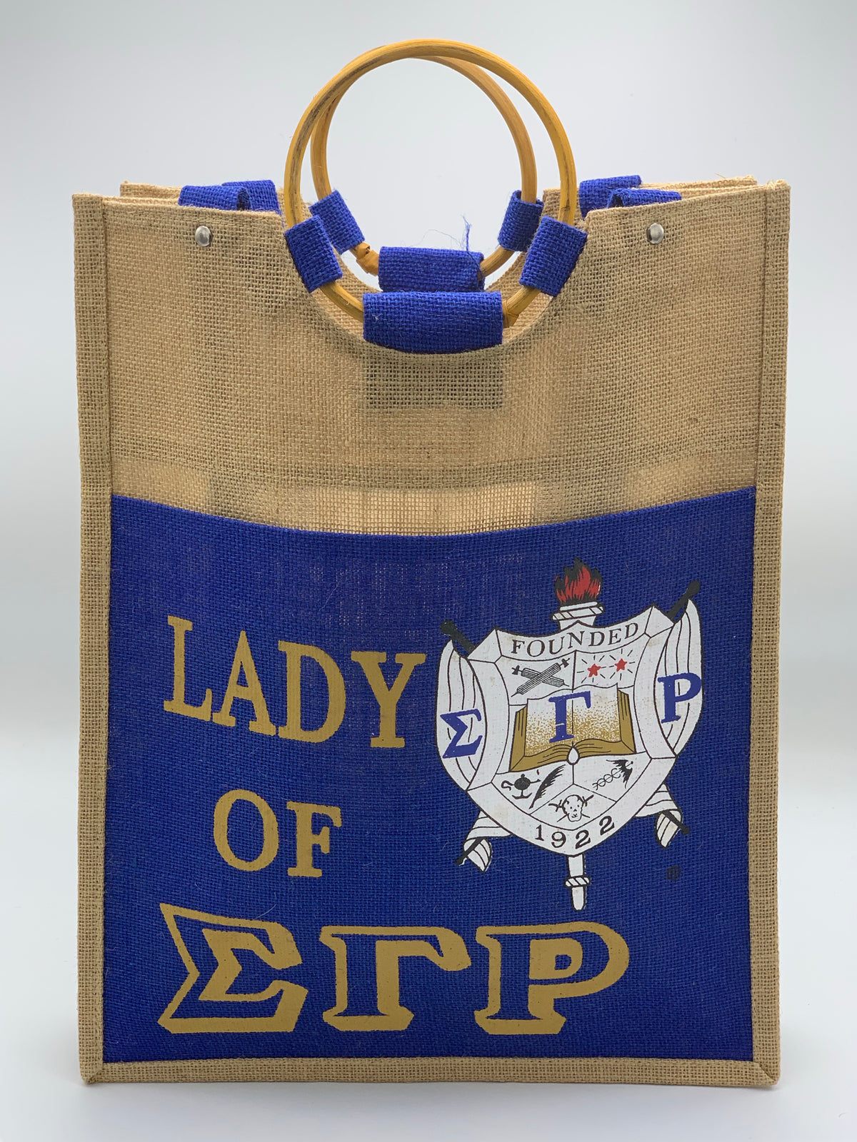 Sigma Gamma Rho - Pocket Jute Bag with Lady of Signature. 14" w x 18" h x 5"