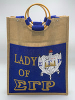 Sigma Gamma Rho  - Pocket Jute Bag with Lady of Signature. 14" w x 18" h x 5"