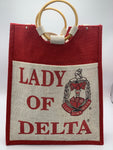 Delta Sigma Theta - Pocket Jute Bag with Lady of Signature. 14" w x 18" h x 5"