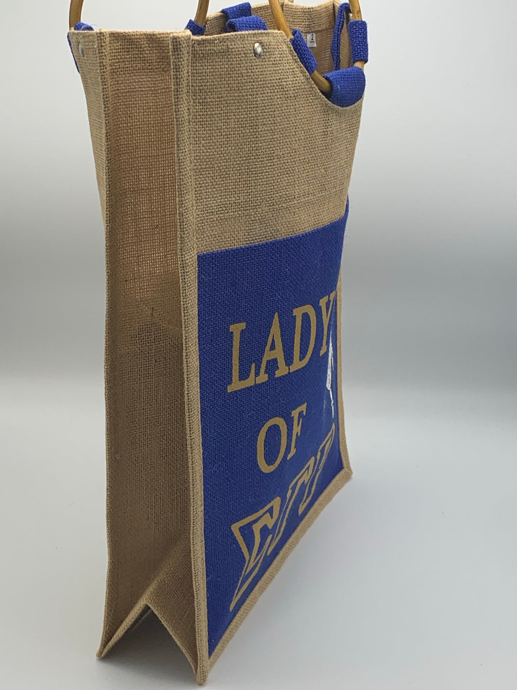 Sigma Gamma Rho - Pocket Jute Bag with Lady of Signature. 14" w x 18" h x 5"