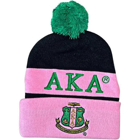 Alpha Kappa Alpha - Knit Beanie Hat w/PomPom (Black)